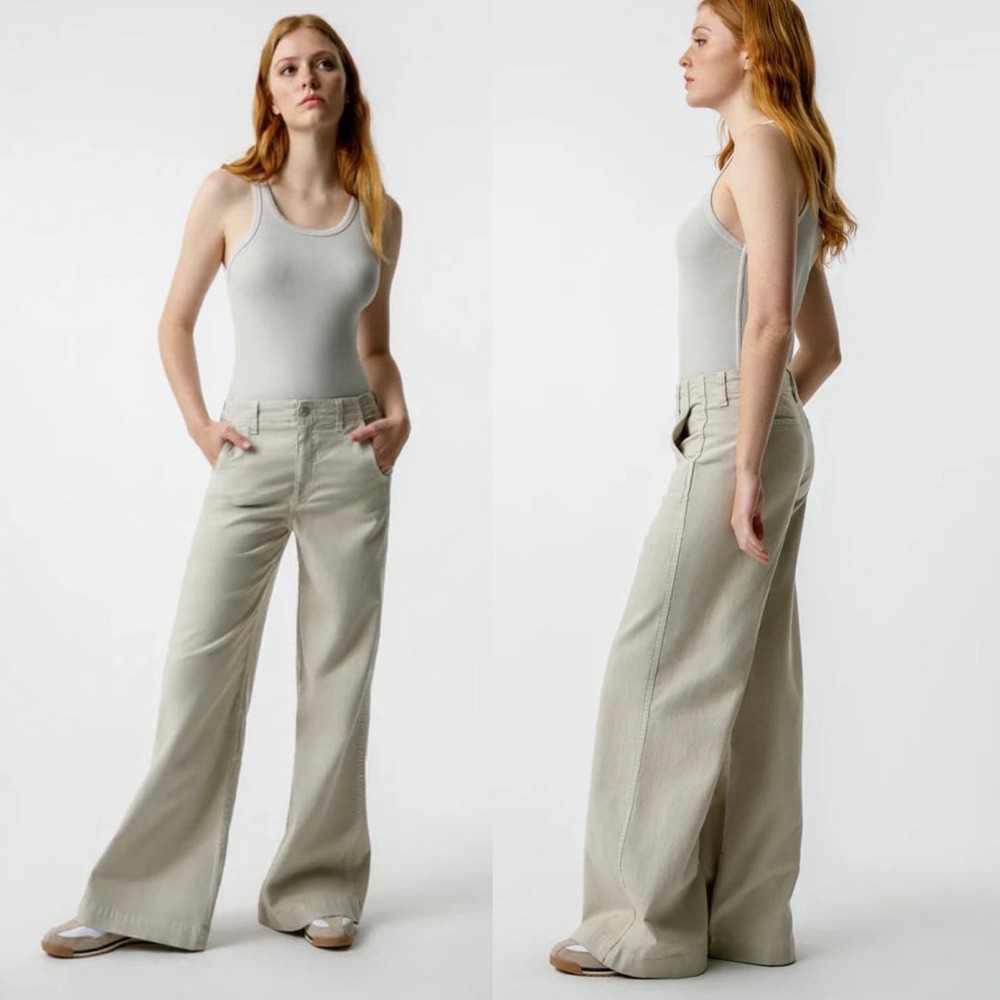 $449 AMO Denim Edith Wide Leg Trouser Pants 29 Linen‎ Blend Casual Khaki Beige